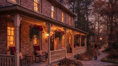 Facade of a historic American inn with a porch and hanging sign at dusk, warm light in the windows