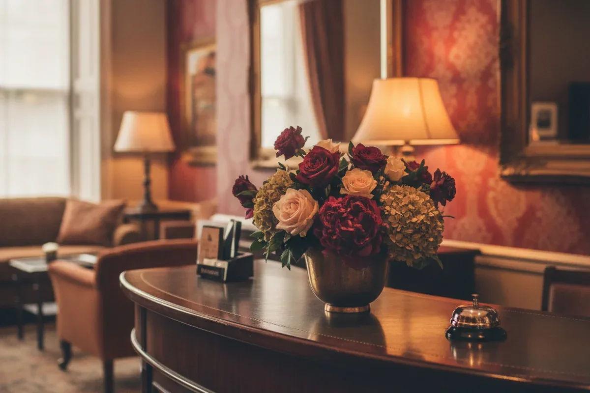 Innkeeper updating a hotel booking engine and Google listing on a laptop at a front desk with a vase of flowers
