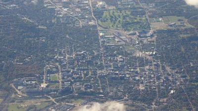 Aerial view of Ann Arbor, Michigan, with the University of Michigan campus and downtown