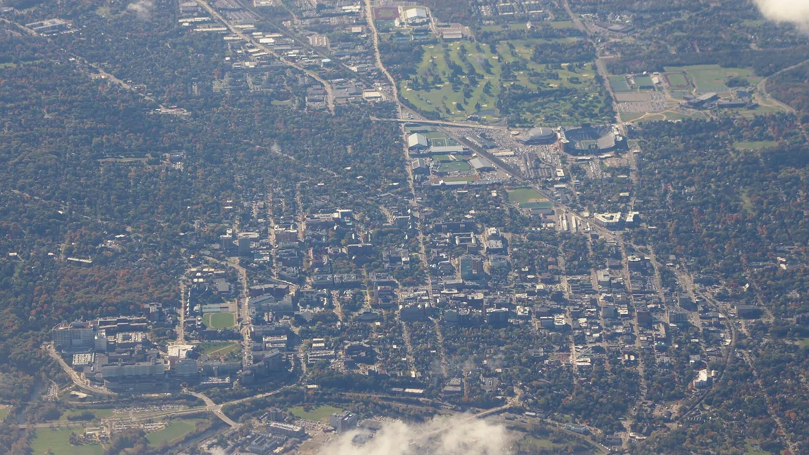 Aerial view of Ann Arbor, Michigan, with the University of Michigan campus and downtown