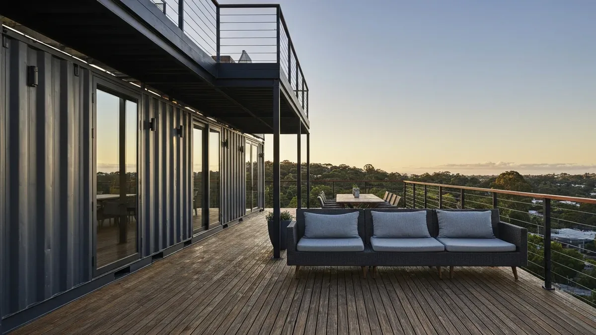 Modern shipping container home converted to luxury Airbnb with outdoor deck