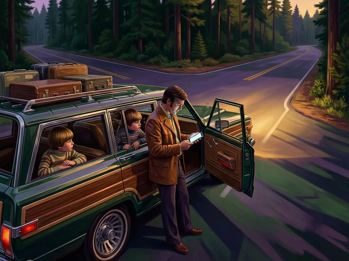 Painting of a 1970s family station wagon loaded with suitcases stopped at a fork in a pine-forest road at dusk, the father standing by the open door studying a modern smartphone, two roads curving away