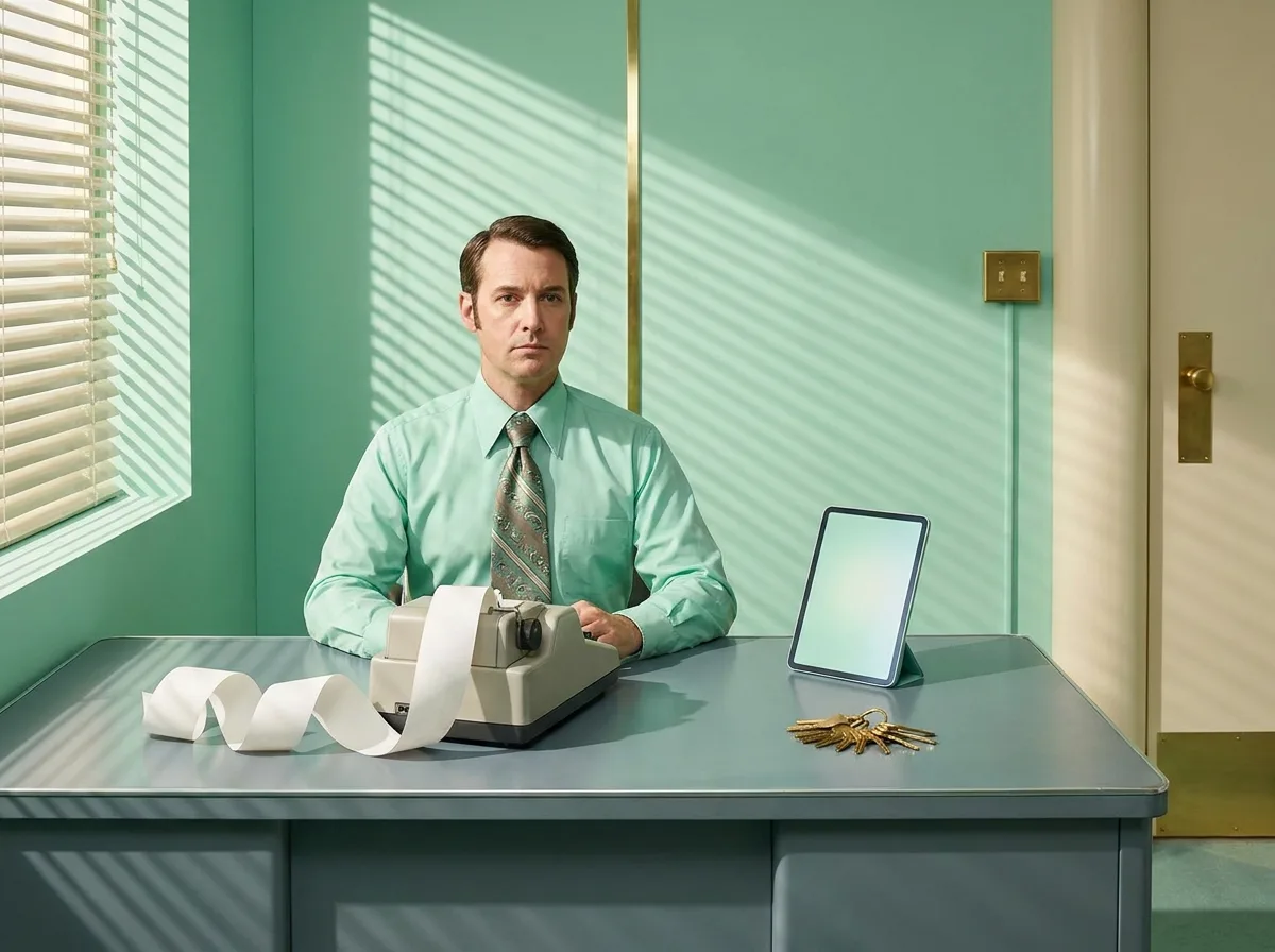 Painting of a 1970s accountant in a mint-green shirt and tie at a steel desk with a vintage adding machine and a curl of blank paper tape, a modern tablet propped beside it and a stack of brass house keys