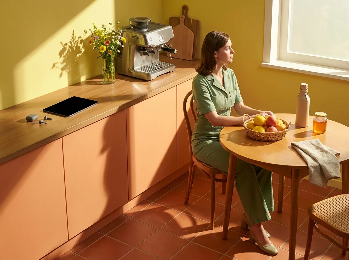 Painting of a welcome table in a sunlit 1970s vacation-house kitchen with a woven basket of lemons and peaches, a paper-wrapped bottle, a jar of honey, a folded linen towel, flowers and a modern espresso machine behind