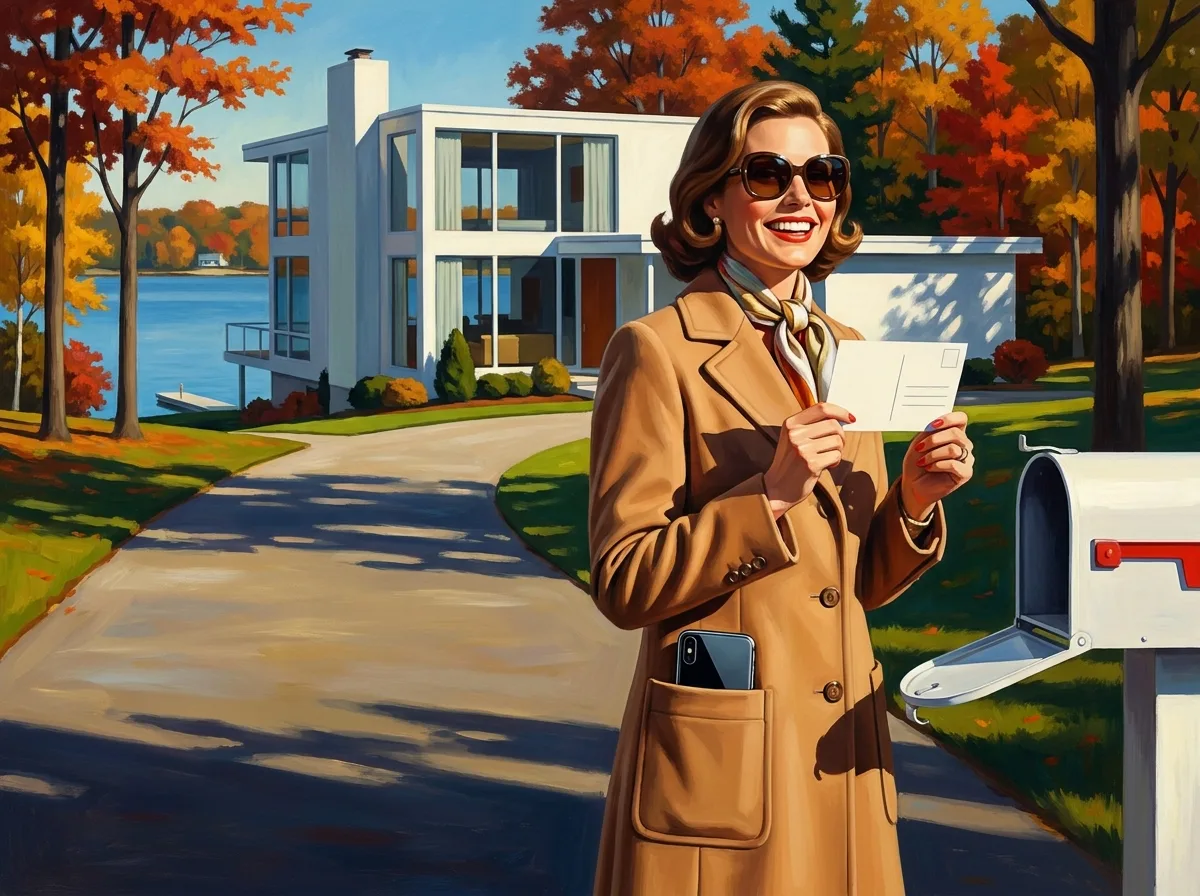Painting of a 1970s woman in a camel coat at a white mailbox at the end of a sunny driveway in front of a lake house, smiling at a postcard, a modern smartphone in her coat pocket, autumn maples behind