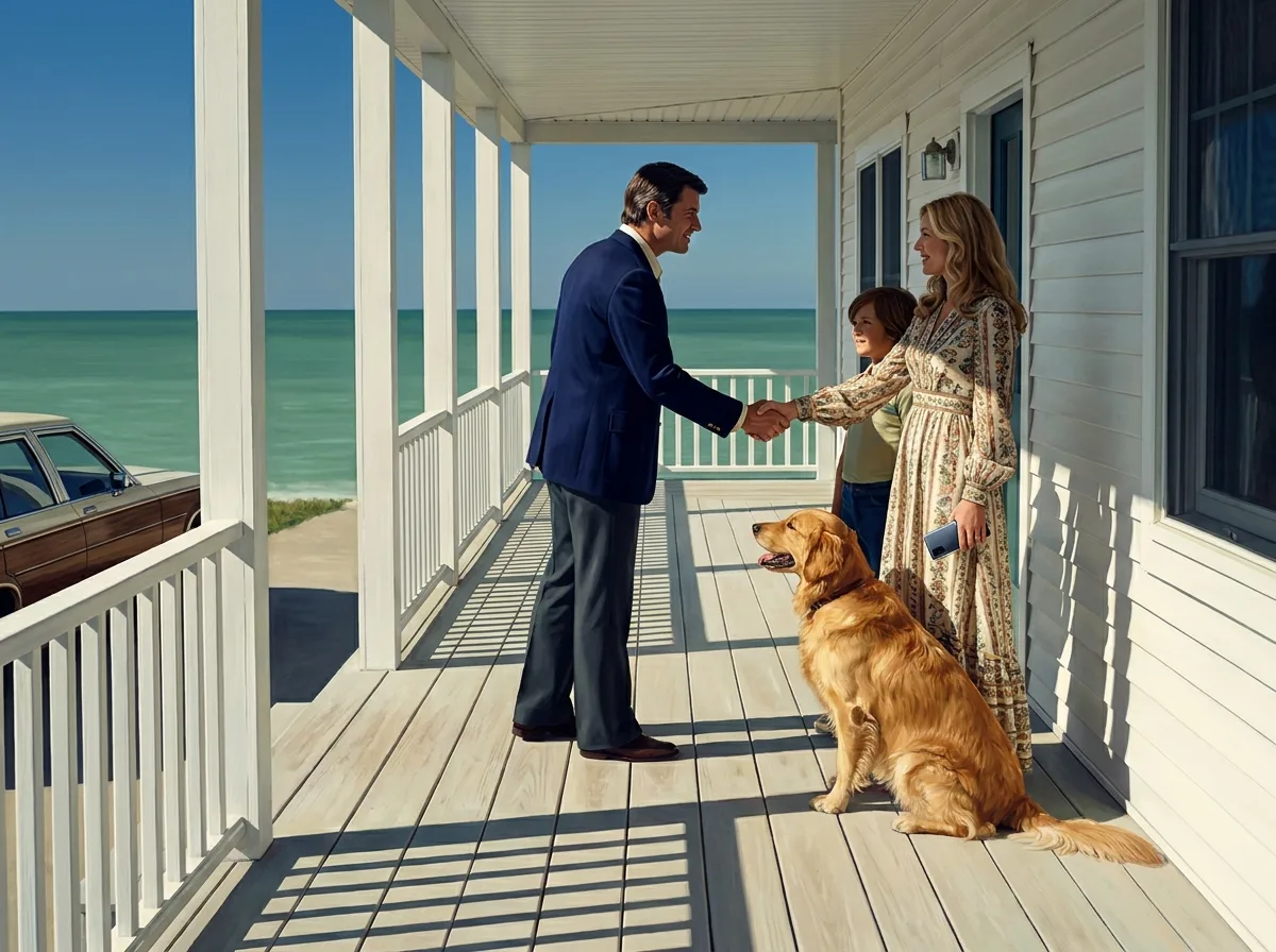 Painting of a host in a 1970s navy blazer shaking hands with a guest family on the wide front porch of a white clapboard beach house, a golden retriever sitting beside them, the guest holding a modern smartphone