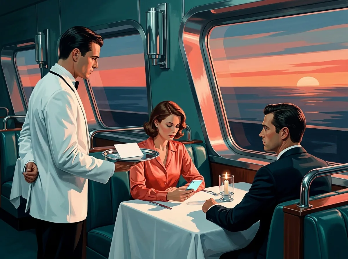 Painting of a waiter in a white jacket presenting a folded paper bill on a small silver tray to a couple at a window table at sunset, the woman checking a modern smartphone