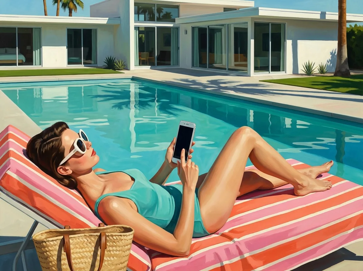 Painting of a woman in a 1970s turquoise swimsuit and white sunglasses on a striped sun lounger at the edge of a glossy pool, scrolling a modern smartphone, a straw tote beside her and a white modernist house behind