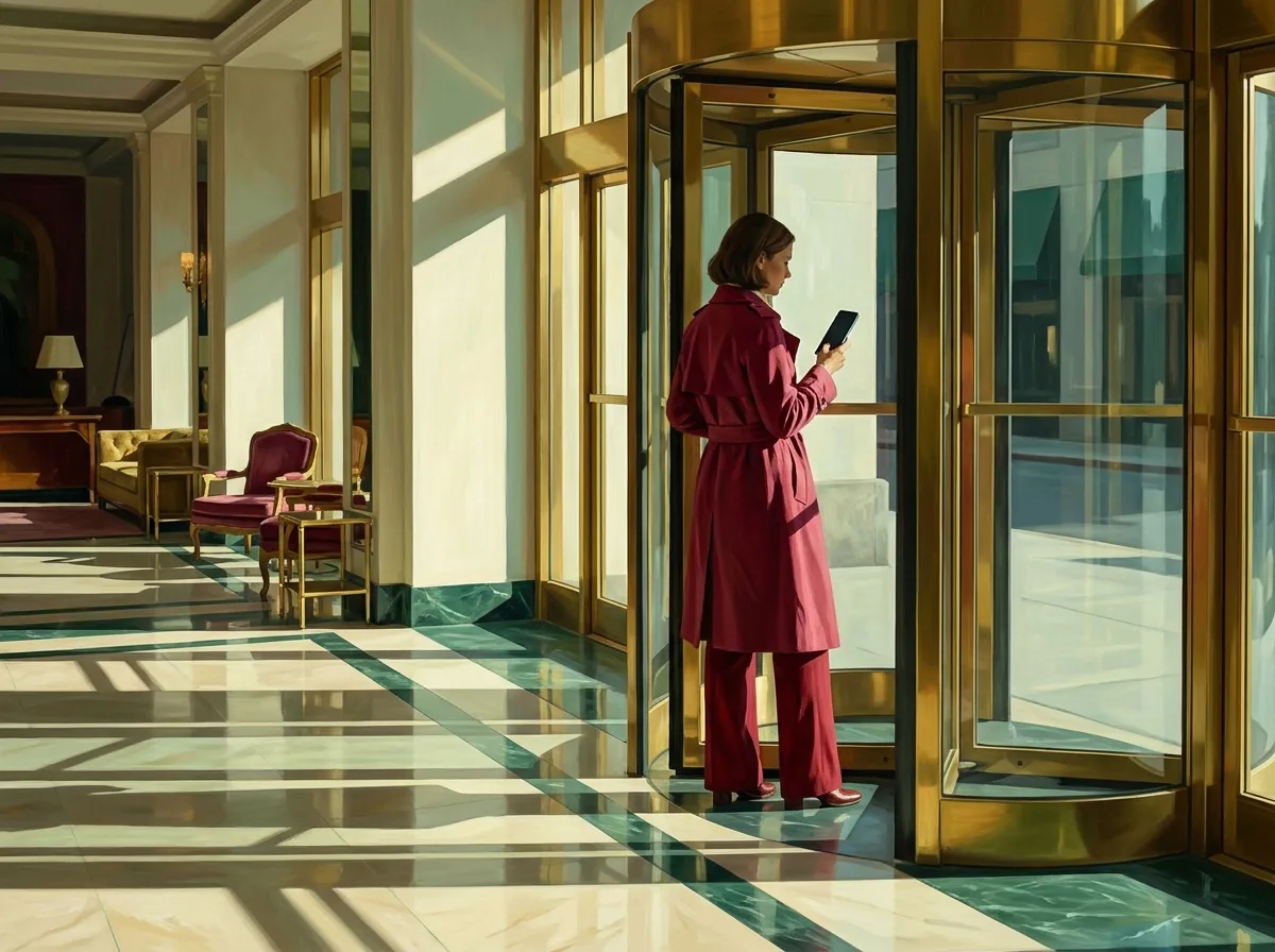 Painting of a traveler in a cranberry trench coat paused inside a brass revolving door of a grand 1970s hotel lobby, holding a modern smartphone, polished marble floor in raking light