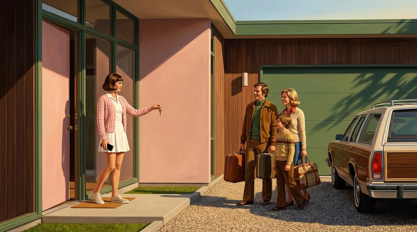 Painting of a woman in a 1970s white tennis dress and pink cardigan at the door of a modernist house handing a brass key to an arriving family with vintage luggage, a wood-paneled station wagon in the drive