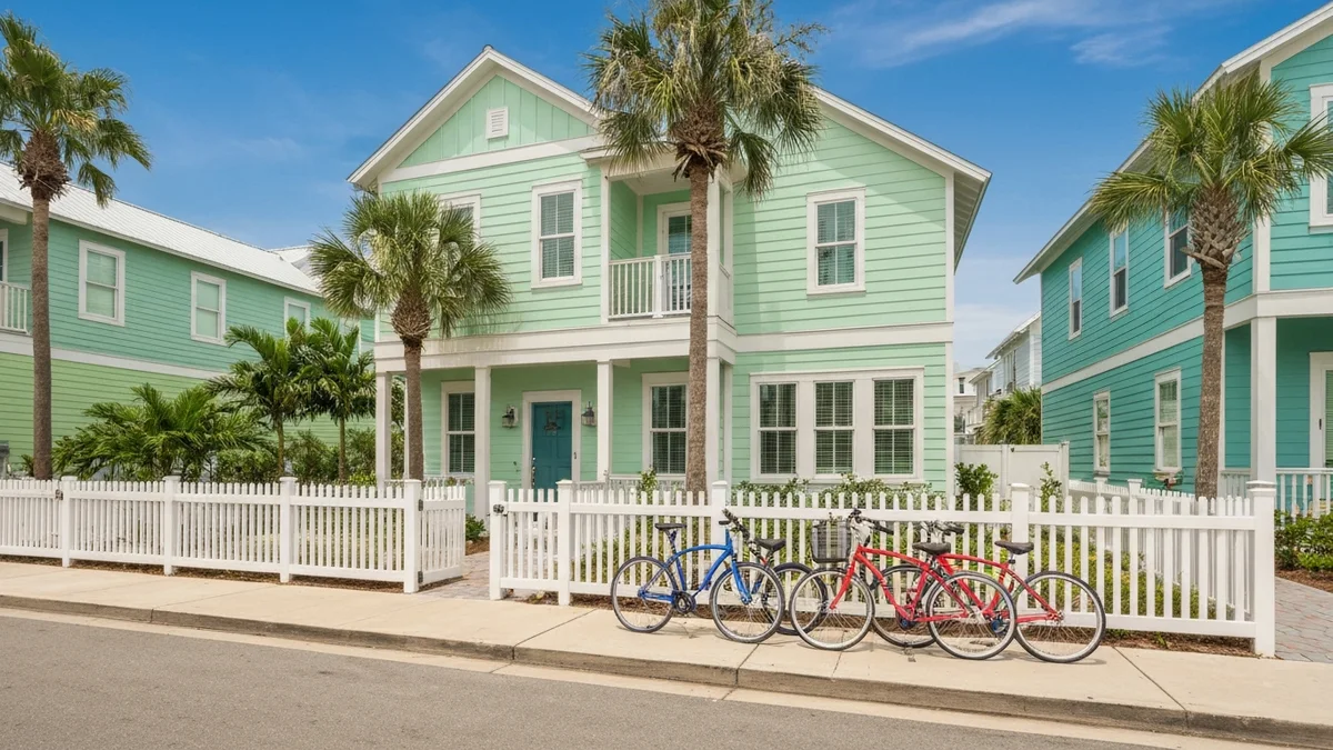 A pastel New Urbanist beach cottage with a white picket fence and bicycles out front on a sunny 30A street