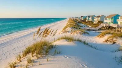 A white-sand Emerald Coast beach with turquoise Gulf water and colorful beachfront vacation homes at golden hour