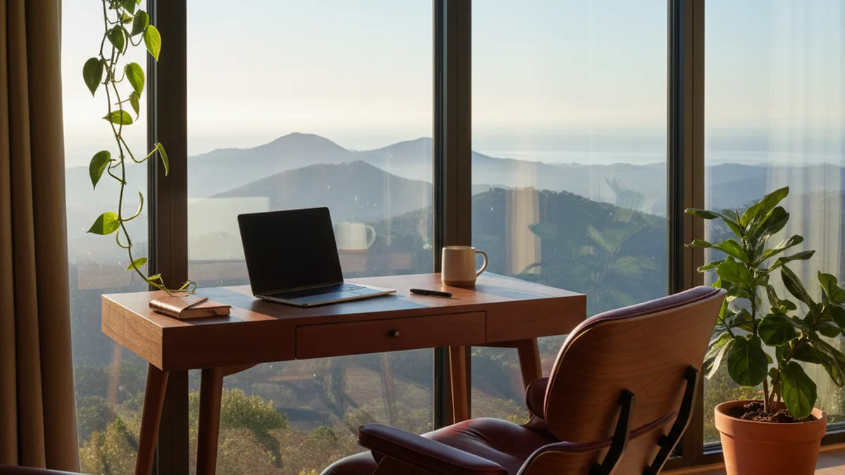 Remote worker at a dedicated desk setup in a sunlit El Poblado apartment overlooking Medellín valley