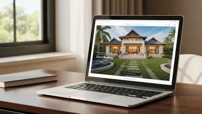 Host managing direct booking website on laptop with property listing visible