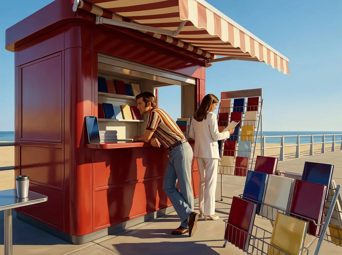 Painting of a cherry-red 1970s newsstand on a seaside promenade with racks of plain colored magazines, a vendor in a striped shirt leaning on the counter and a woman in a white trouser suit browsing