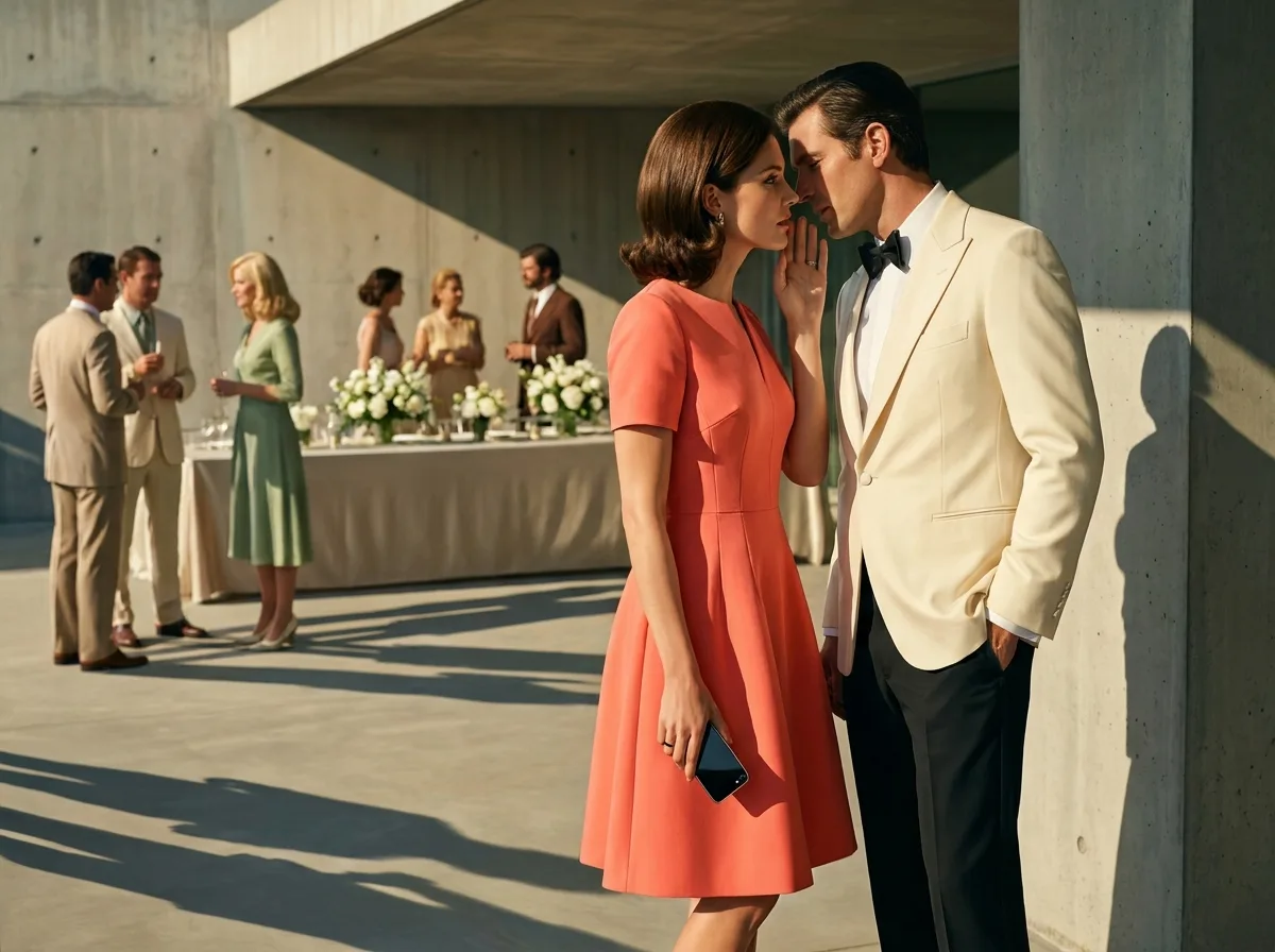 Painting of two guests in a coral dress and a cream dinner jacket talking quietly at a sunlit 1970s terrace party, other guests and a table of white flowers behind them