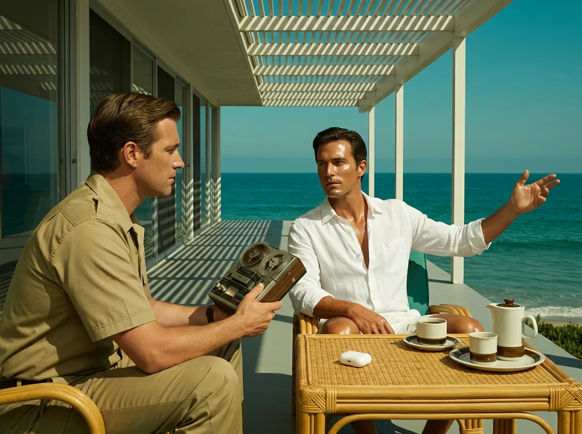 Painting of a 1970s journalist in a khaki shirt holding a portable reel-to-reel recorder while a host in a white linen shirt points toward the sea from a beach house veranda