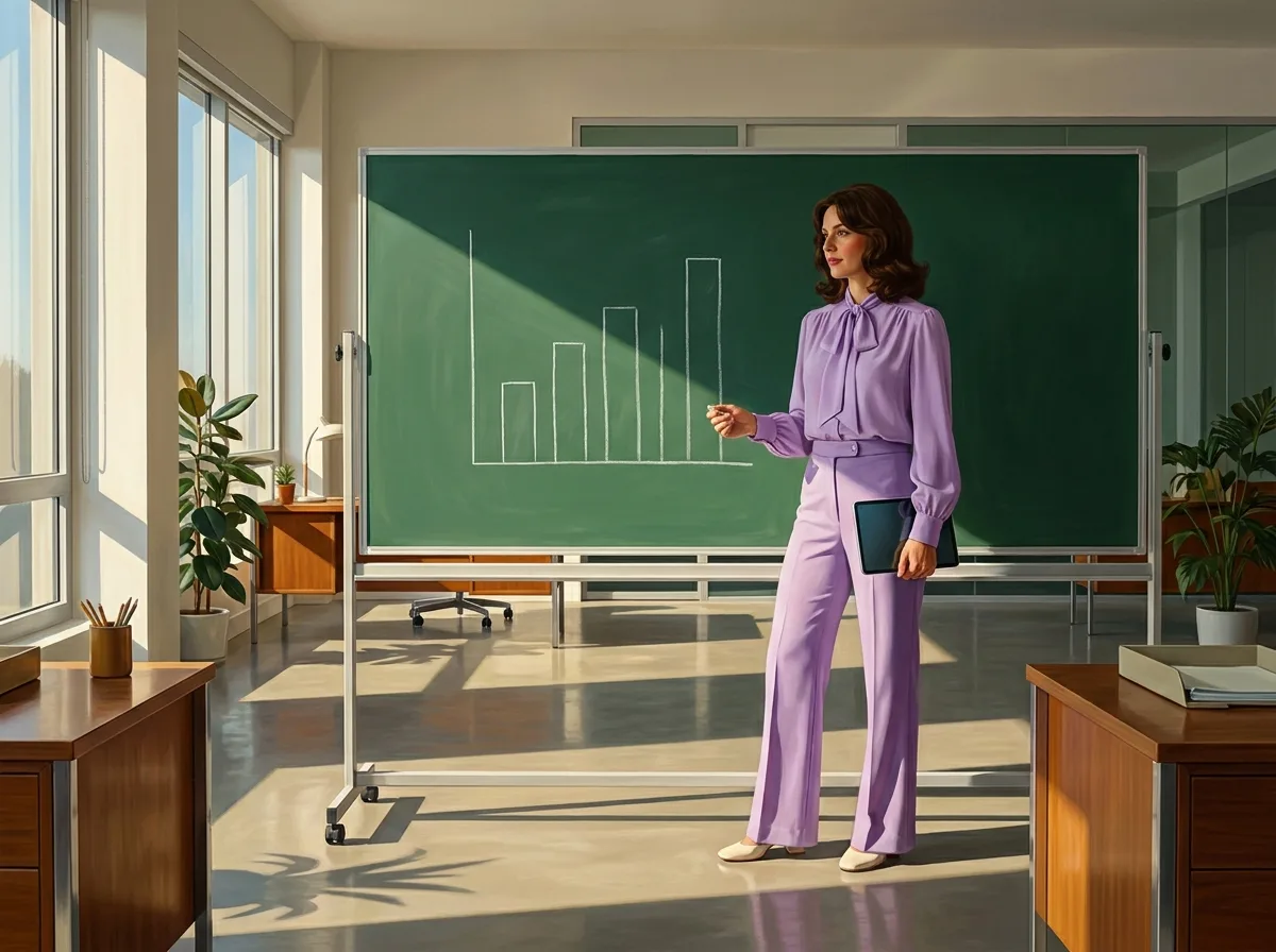 Painting of a woman in a lavender blouse drawing simple rising chalk bars on a green chalkboard in a sunlit modernist office, a tablet in her other hand
