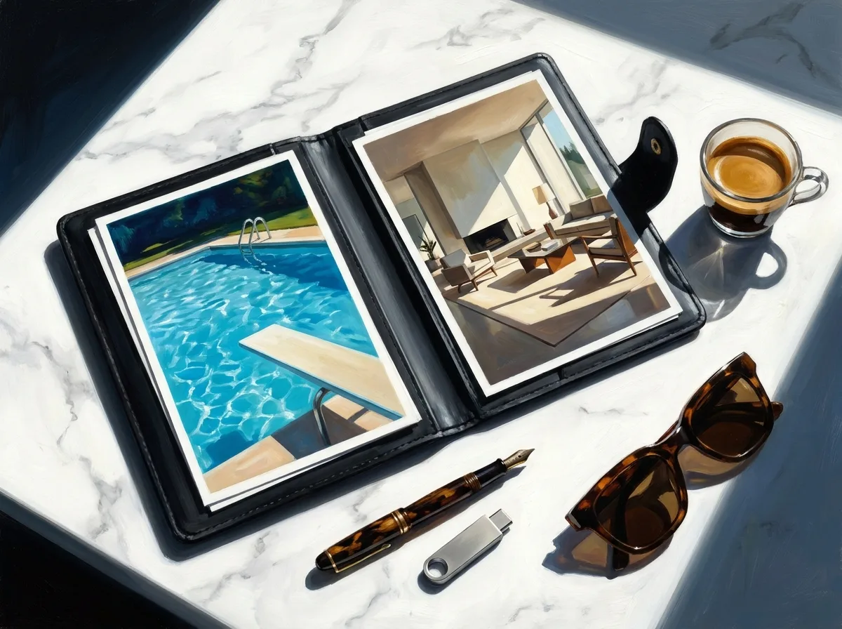 Overhead painting of an open black leather portfolio on white marble holding photo prints of a swimming pool and a modern living room, with a fountain pen, a memory stick, an espresso and tortoiseshell sunglasses