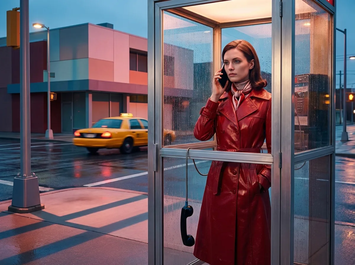 Painting of a woman in a red trench coat talking on a smartphone inside a glass phone booth on a rainy evening street, the booth's old receiver hanging unused and a yellow taxi passing