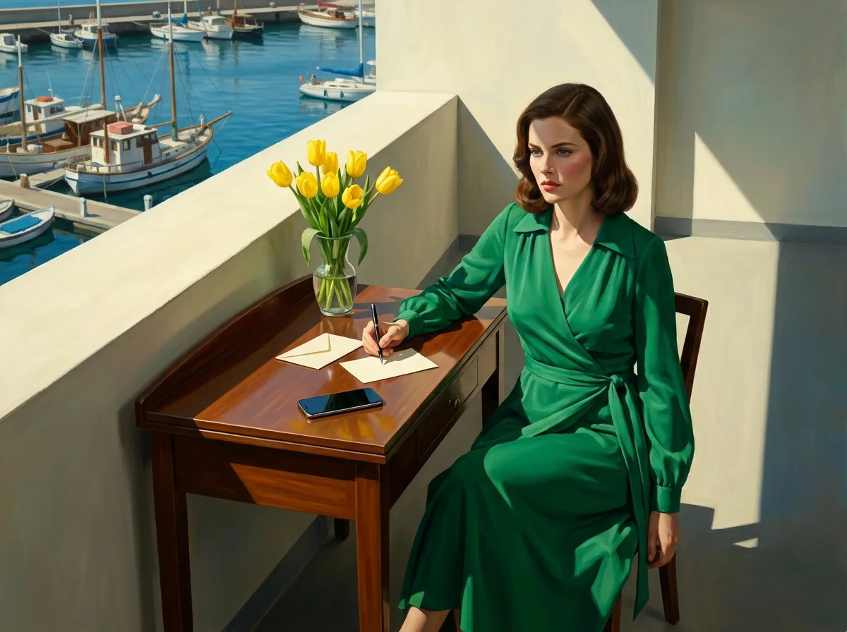 Painting of a woman in an emerald wrap dress writing a short note at a desk on a balcony above a harbor, an envelope, a smartphone and yellow tulips beside her