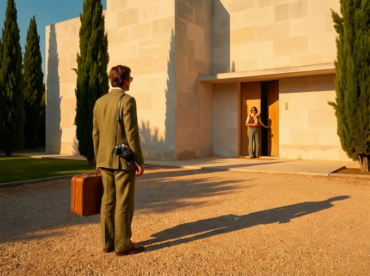 Painting of a travel writer in an olive linen suit with a leather suitcase and a camera arriving at the stone entrance of a hillside villa, the host waiting at the door between tall cypress trees