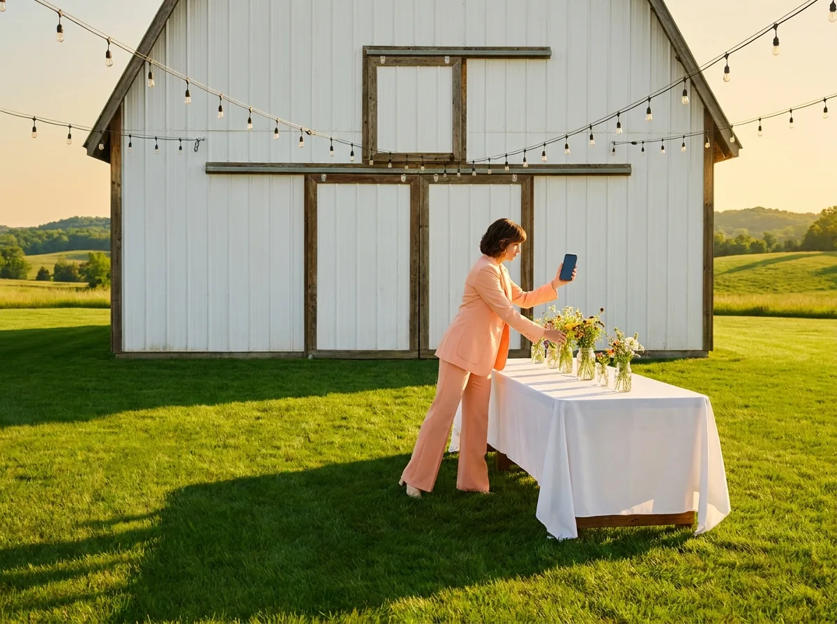 Painting of a wedding planner in a peach suit setting a long table with white linen and wildflowers on the lawn of a white barn venue at golden hour, holding a smartphone