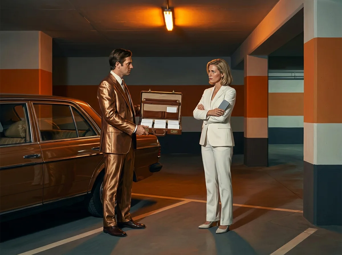Painting of a man in a shiny bronze suit opening a briefcase of blank white cards toward a skeptical woman in a white trouser suit in a dim parking garage