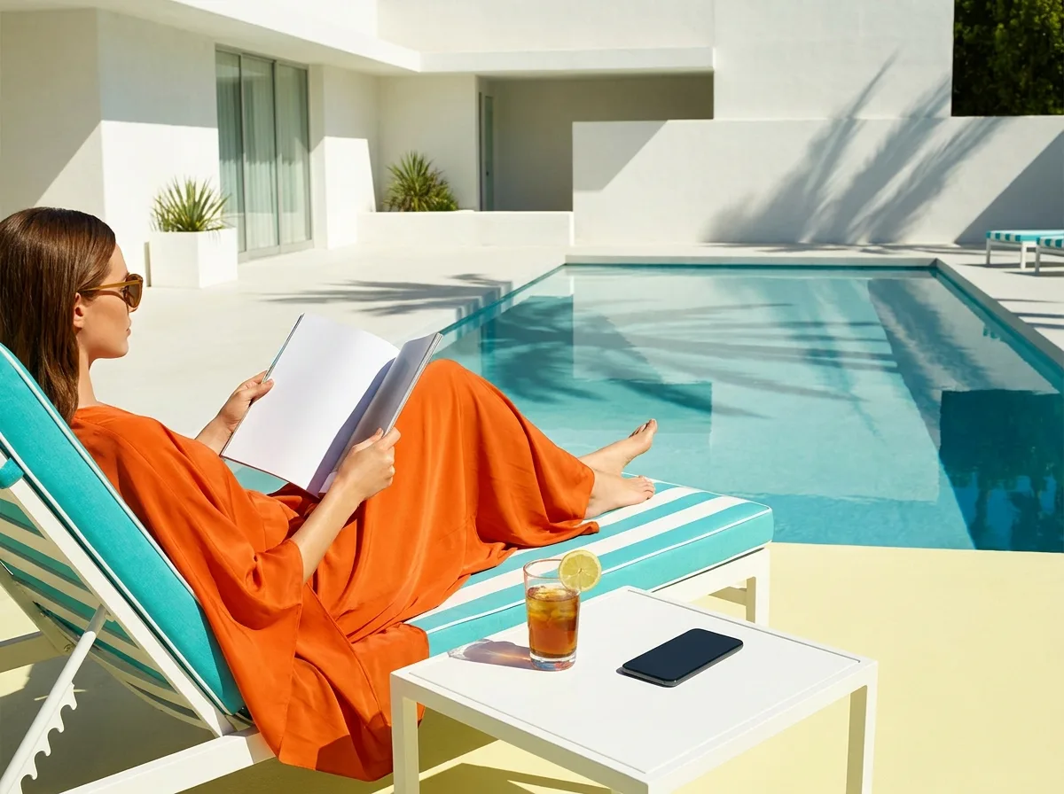 Painting of a host in a tangerine kaftan reading a magazine on a striped sun lounger beside a pool, a smartphone and a glass of iced tea on the side table