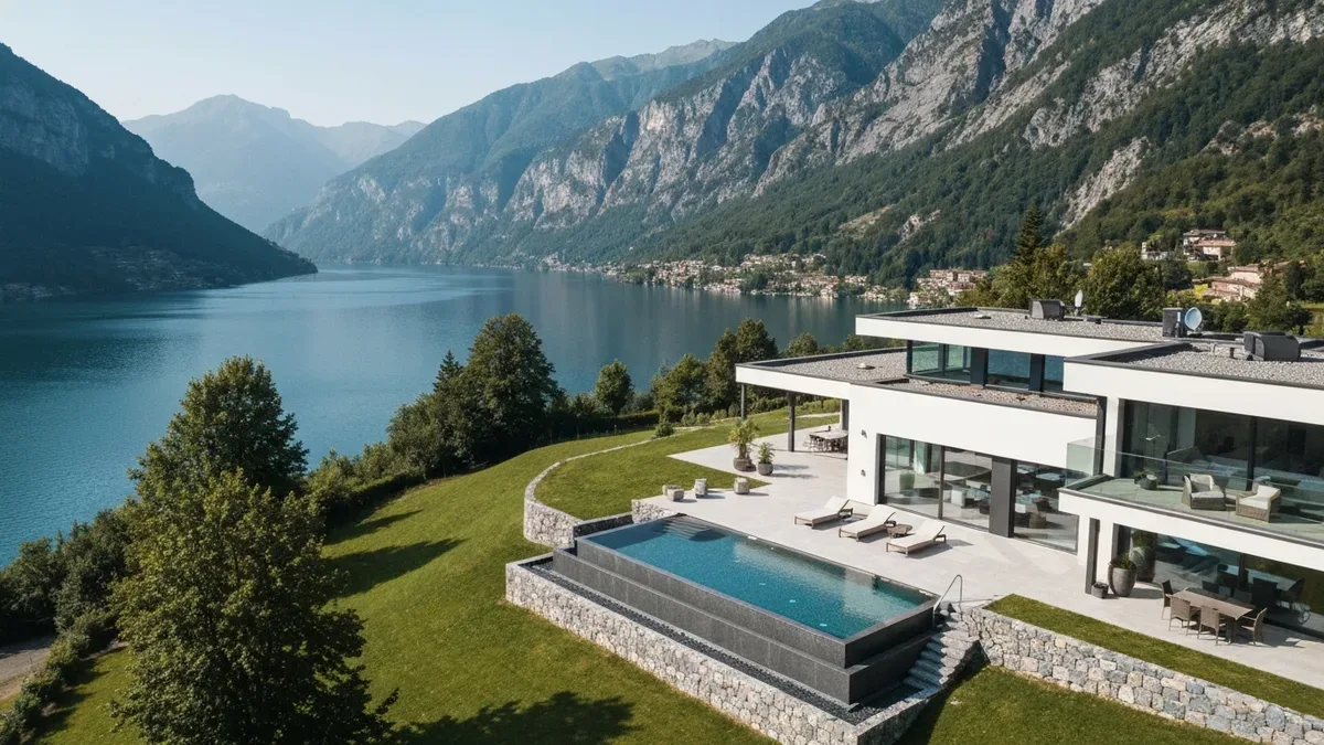 Drone aerial photograph of oceanfront Airbnb property with pool