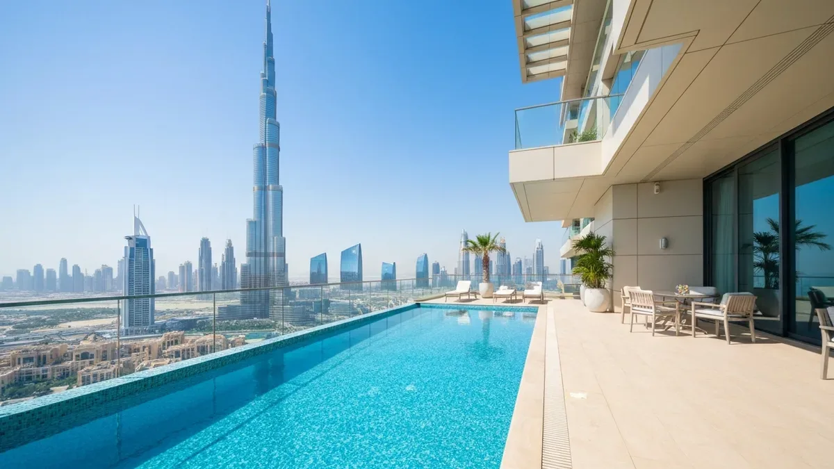 Dubai skyline with Burj Khalifa and luxury waterfront properties