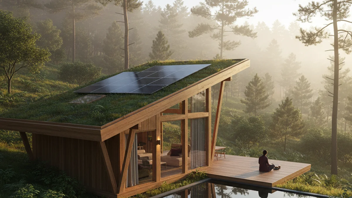 Solar panels on the roof of a jungle eco-villa in Tulum with plunge pool and bohemian luxury interior visible