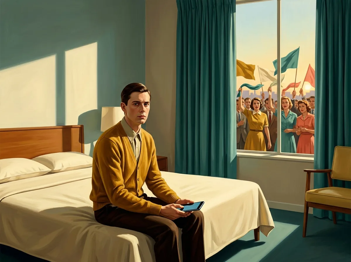Painting of a host in a mustard cardigan sitting alone on a perfectly made bed in an empty rental, looking at a phone while a festive crowd with scarves passes outside the window