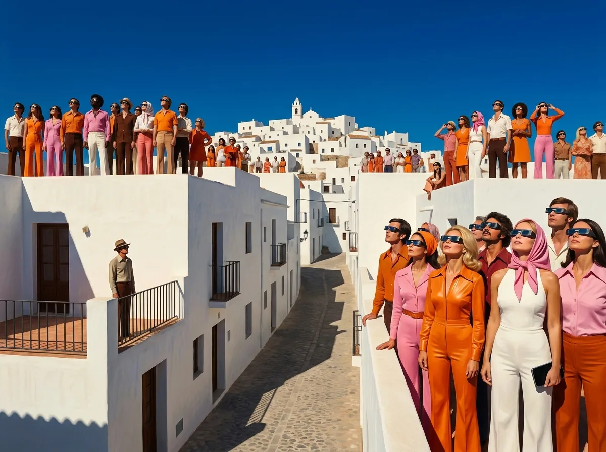Painting of a small whitewashed hilltop village whose rooftop terraces are crowded with visitors in bright 1970s clothes looking up through eclipse glasses, the lanes below empty