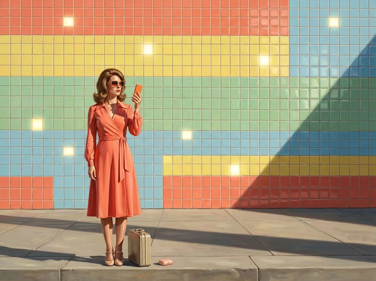 Painting of a woman in a coral wrap dress standing before a wall-sized grid of glossy colored tiles, a few glowing brighter than the rest, holding an orange smartphone