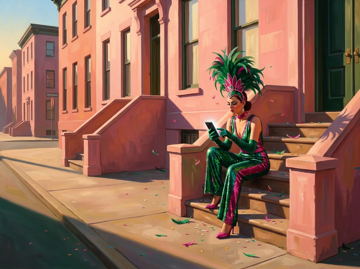 Painting of a woman in a sequined emerald and fuchsia carnival jumpsuit and feathered headdress sitting on the steps of a pink townhouse at dawn, looking at her phone