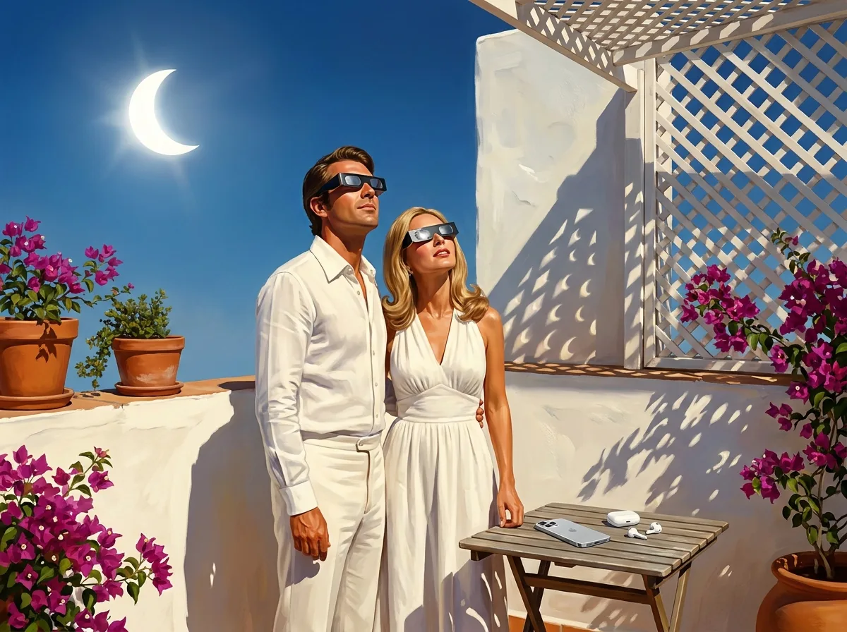 Painting of a couple in white linen on a whitewashed rooftop terrace with bougainvillea, wearing eclipse glasses and looking up at a crescent sun, crescent-shaped light spots falling through a lattice behind them