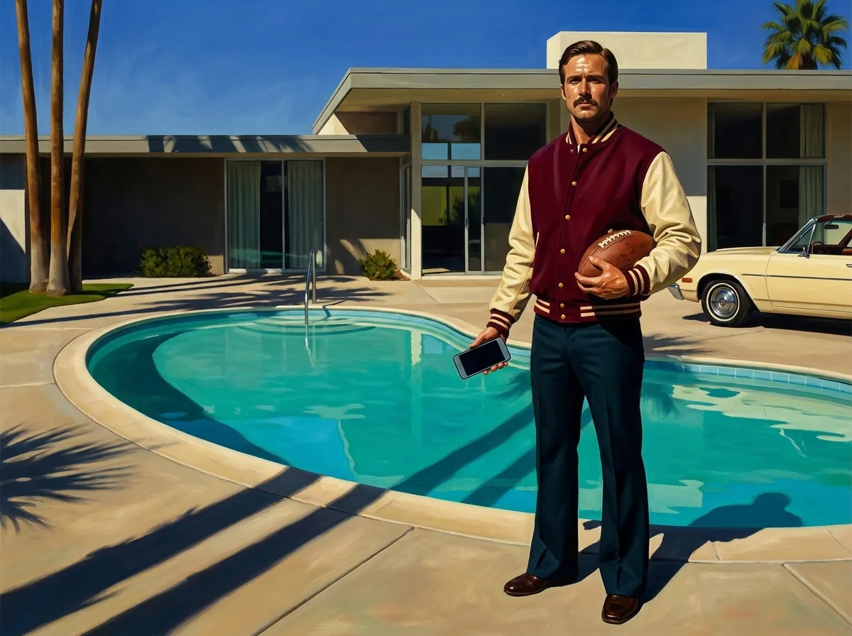 Painting of a man in a cream and burgundy varsity jacket holding an American football beside a turquoise kidney-shaped pool at a mid-century house with palm shadows