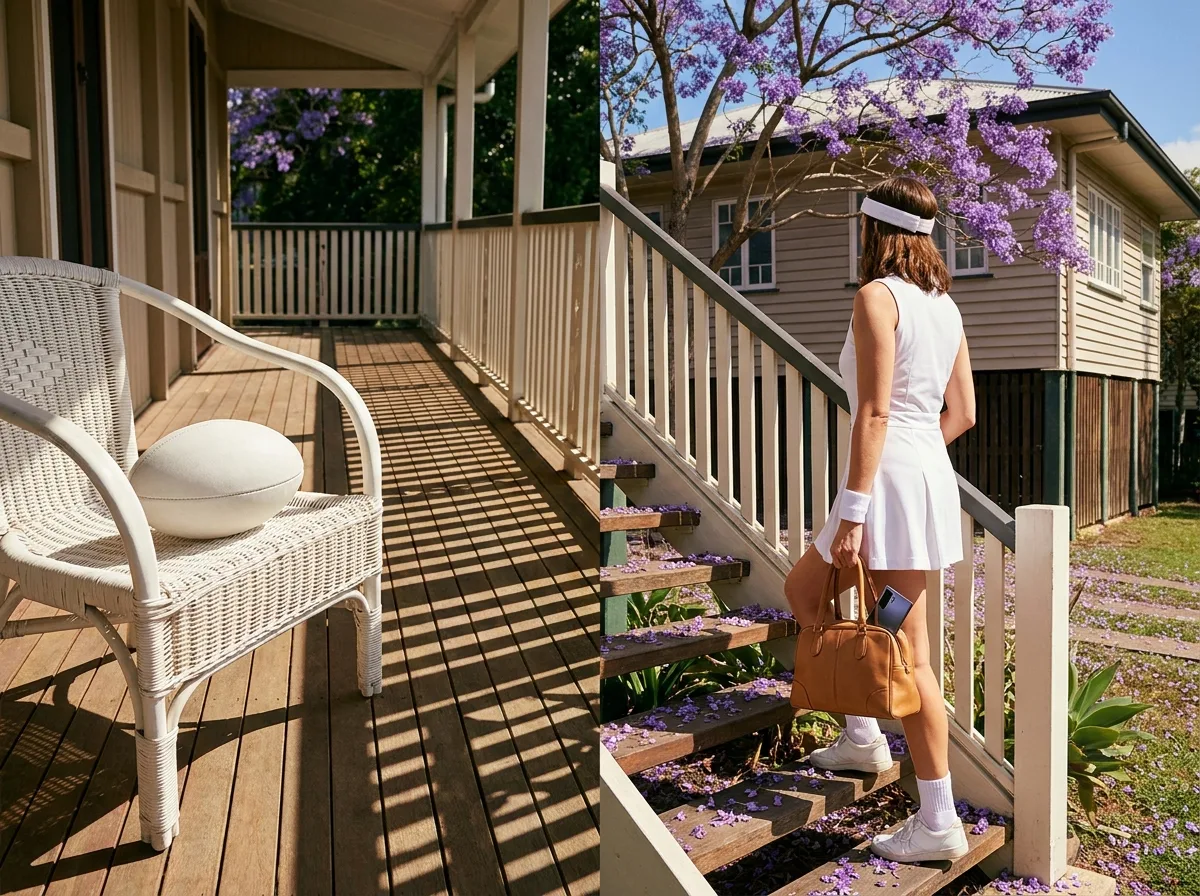 Painting of a rugby ball on a white wicker chair on the veranda of a timber house under a purple jacaranda tree, a woman in 1970s tennis whites with a tan handbag walking up the steps
