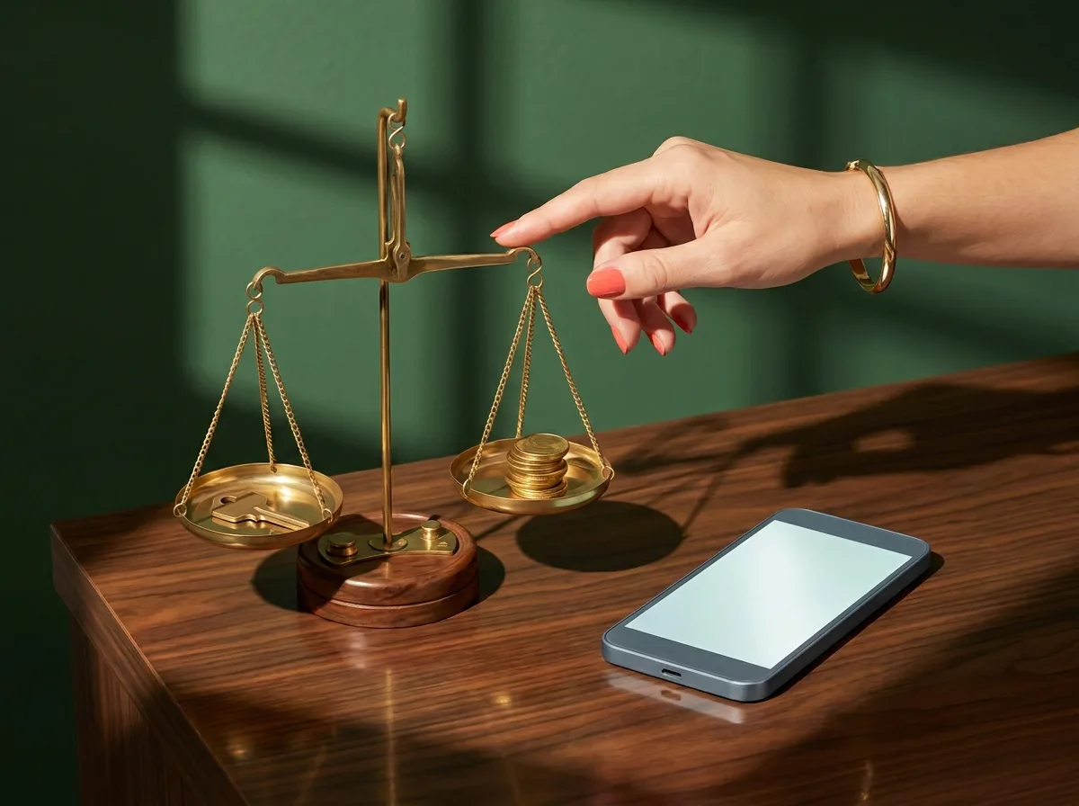 Painting of a vintage brass balance scale on a walnut desk with a house key in one pan and a stack of coins in the other, a hand with coral nail polish adjusting it beside a smartphone