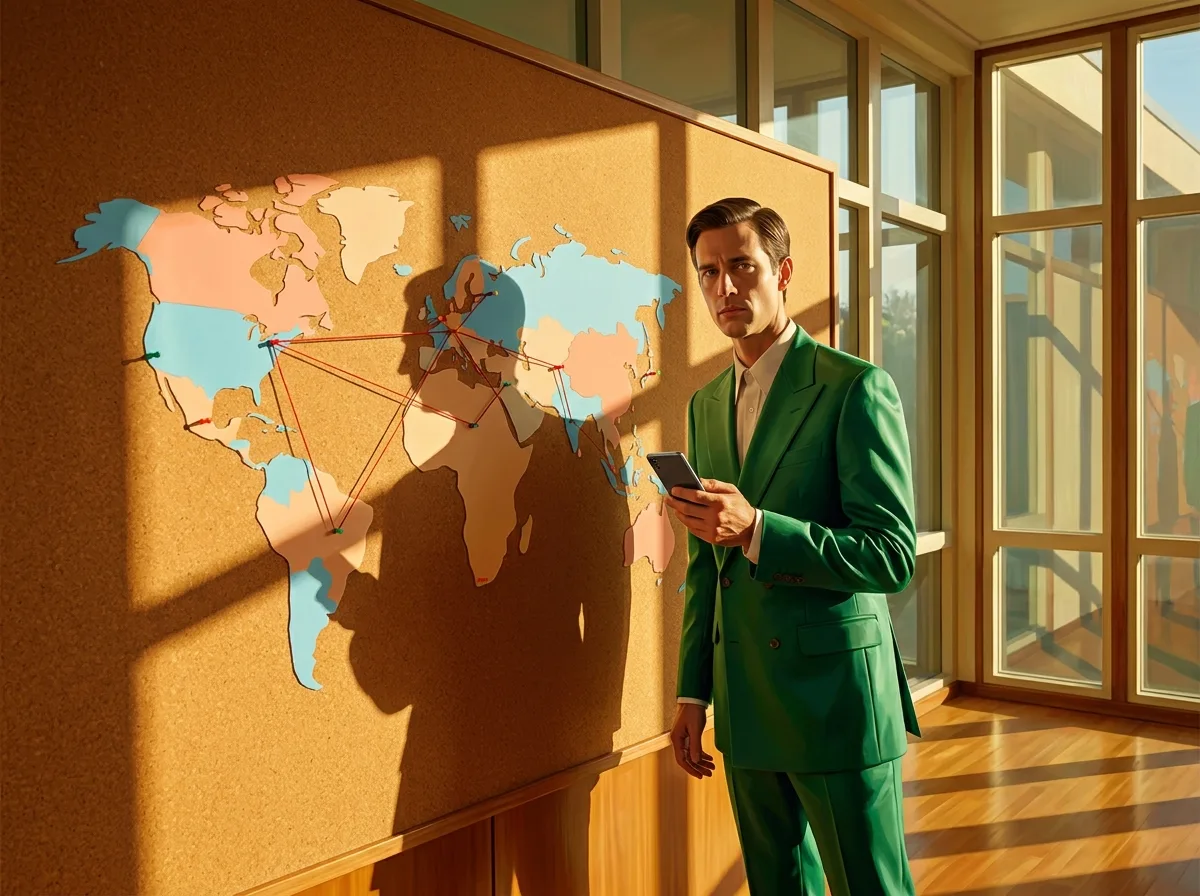 Painting of a man in an emerald suit standing at a cork board pinned with an abstract pastel world map, colored pins joined by red string, holding a smartphone