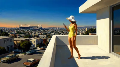 Painting of a woman in a yellow 1970s swimsuit and white sunhat on the balcony of a white modernist apartment block at golden hour, looking at her phone, a stadium in the distance