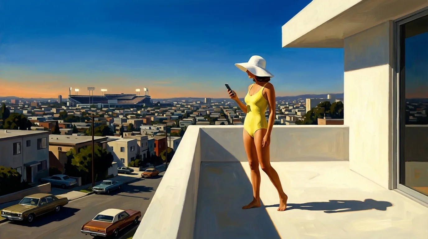 Painting of a woman in a yellow 1970s swimsuit and white sunhat on the balcony of a white modernist apartment block at golden hour, looking at her phone, a stadium in the distance