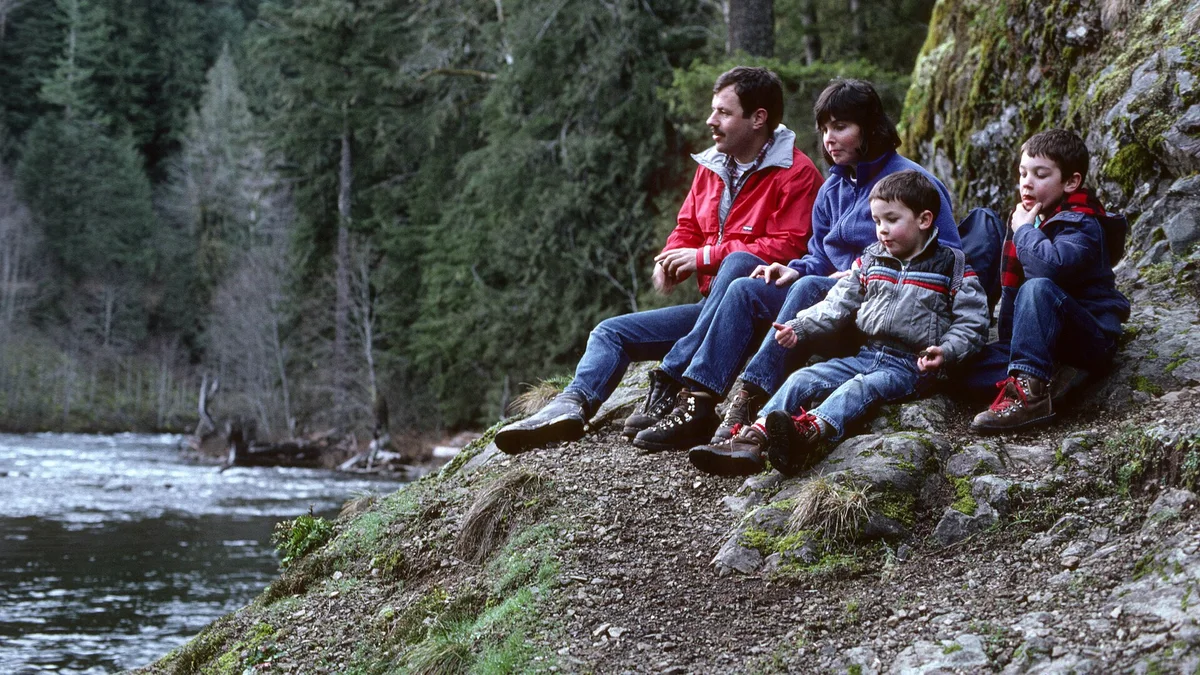 A family hiking together on the Salmon River Trail in Mt Hood National Forest