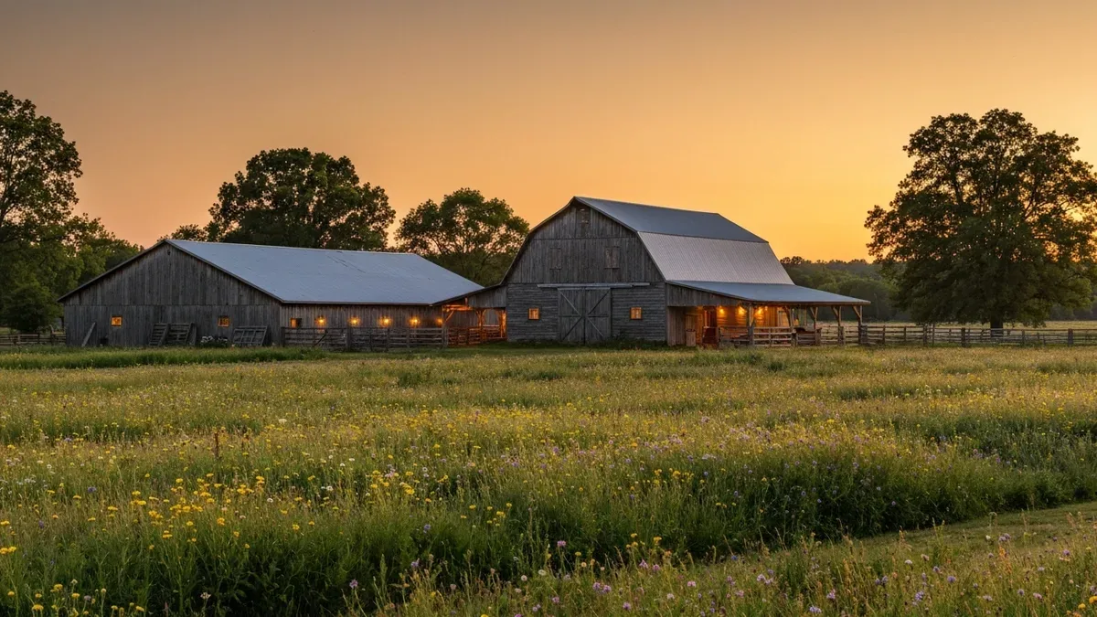 Charming farm stay Airbnb with rustic barn, vegetable garden, and mountain view