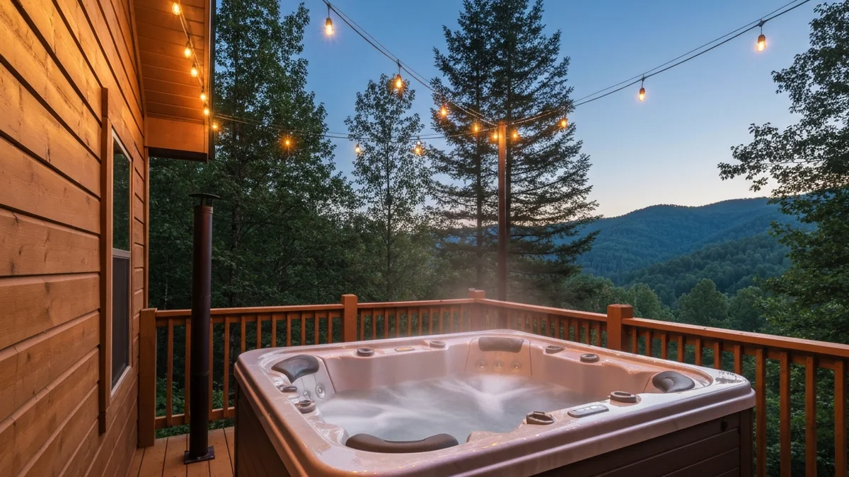 A steaming hot tub on a cabin deck at twilight overlooking a forested valley