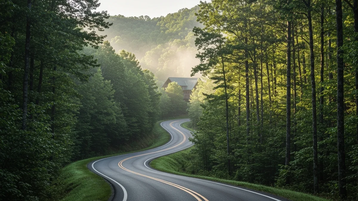 A winding forest road through the Appalachian mountains in morning mist