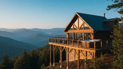 A luxury timber-and-glass cabin on a forested Smoky Mountain ridge at golden hour, a hot tub on the deck and blue ridges behind