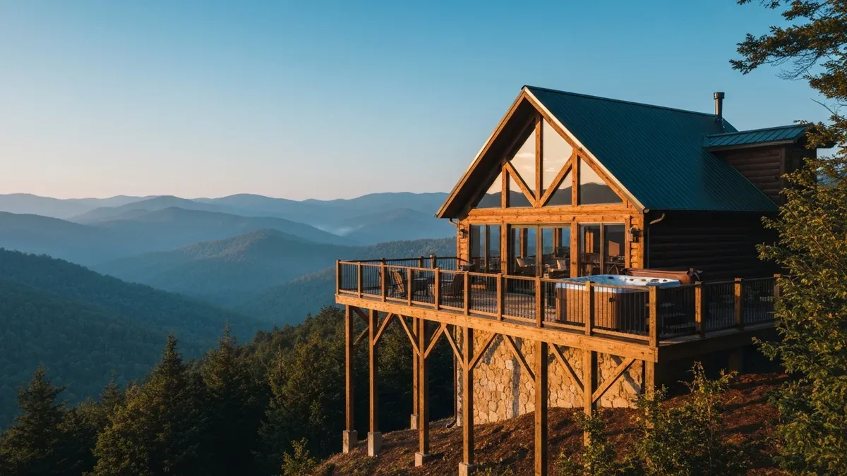 A luxury timber-and-glass cabin on a forested Smoky Mountain ridge at golden hour, a hot tub on the deck and blue ridges behind