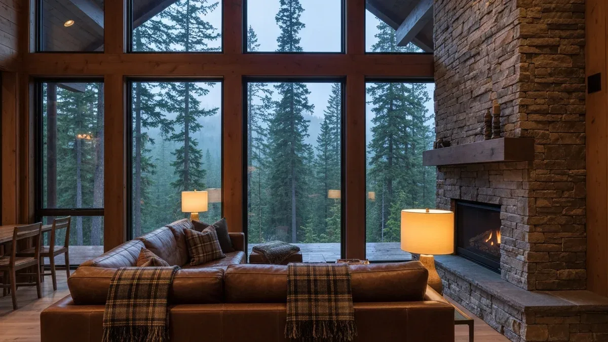 Cozy modern cabin interior with floor-to-ceiling forest views, a stone fireplace and warm lamp light